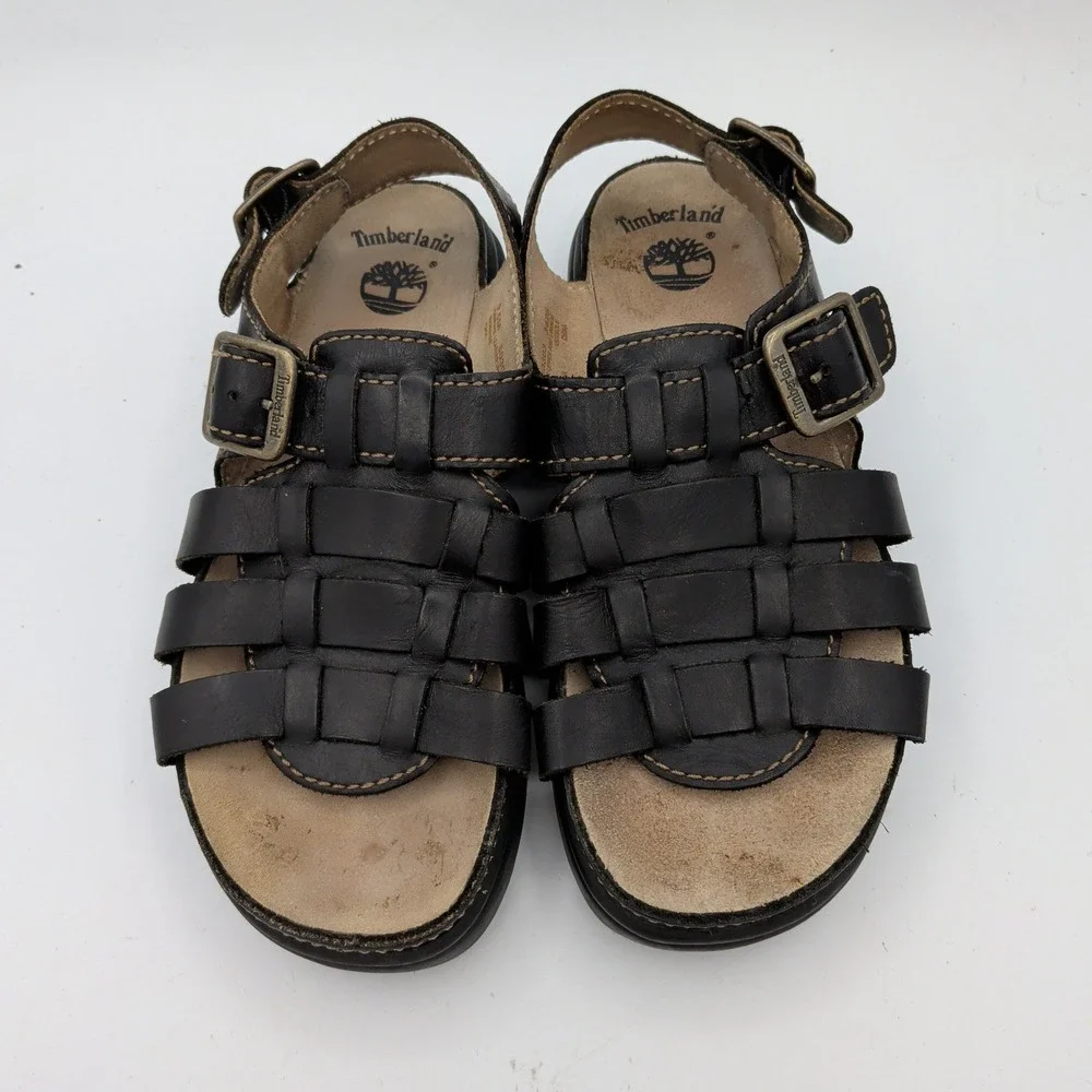 Timberland Mens 80303 Black Leather Fisherman Sandals Size 9.5M Buckle Straps